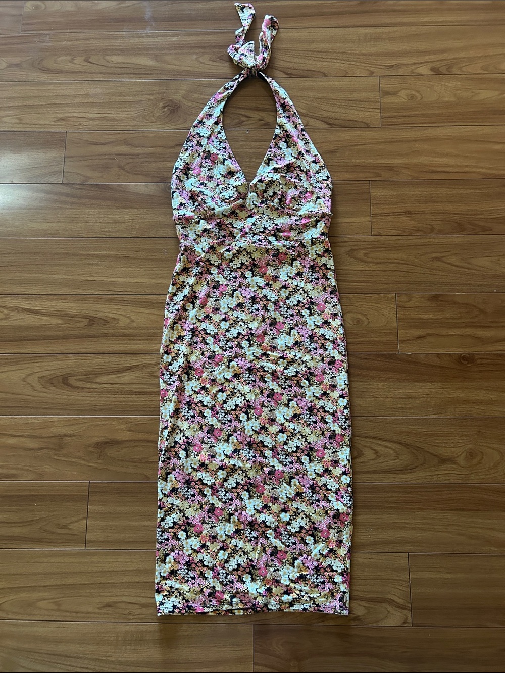 Floral Halter Midi Dress in Pink and Cream